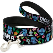 Dog Leash - OHANA MEANS FAMILY/Stitch & Scrump Poses/Tropical Flora Black/White/Multi Color