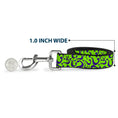Load image into Gallery viewer, Southlake Paws dog leash in lime green and purple with a question mark pattern, 1 inch wide, shown next to a quarter for scal