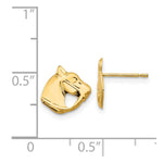 Gold horse head earrings with size measurements on a white background