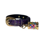 XS 7-14 Purple/Gold Embossed Croc Italian Leather Collar/Custom Gold Oval Italian Hardware & Swarovski Crystal Charm