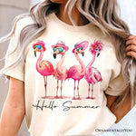 Flamingo Hello Summer T-Shirt, White and Natural Retro Tee with Tropical Birds