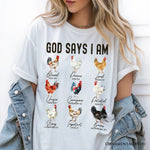 God Says I Am Christian T-Shirt, Rooster and Chicken White Tee for Farm Style Lovers