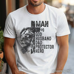 Man of God Lion Cross T-Shirt, White Tee for Faithful and Christian Fathers