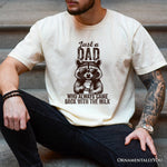 Just a Dad Who Back With Milk Raccoon T-Shirt, White and Natural Funny Tee for Loyal and Cool Fathers