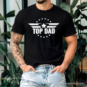 Top Dad Military Star T-Shirt, White and Black Patriotic Tee for Heroic and Proud Fathers