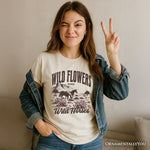 Wild Flowers and Wild Horses T-Shirt, Retro Western White and Natural Tee for Free-Spirited Women
