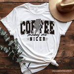 Coffee Makes Me Nicer Retro T-Shirt, Trendy White and Natural Tee for Stylish Women and Caffeine Lovers