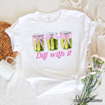 Coquette Dill With It Funny T-Shirt, Pink Bow Pickle Lover White Tee for Cute and Quirky Style Fans