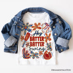 Hey Batter Batter Swing T-Shirt, Retro White and Natural Baseball Tee with Floral Accents