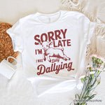 Sorry I'm Late Funny Lamb T-Shirt, Retro Dilly Dallying White and Natural Tee for Quirky Women