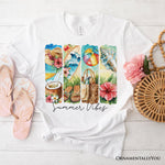 Summer Vibes T-Shirt, White and Natural Beach Tee with Coconut and Flowers
