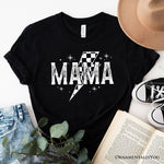 Checkered Lightning Bolt Mama Tee, Vintage Retro Black and White Tee for Energetic Moms