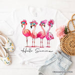 Flamingo Hello Summer T-Shirt, White and Natural Retro Tee with Tropical Birds