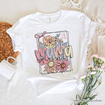 Floral Mama Coquette Bow Pastel T-Shirt, White and Natural Boho Tee With Spring Flower