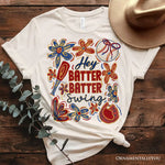 Hey Batter Batter Swing T-Shirt, Retro White and Natural Baseball Tee with Floral Accents