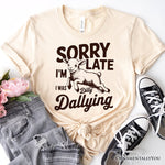 Sorry I'm Late Funny Lamb T-Shirt, Retro Dilly Dallying White and Natural Tee for Quirky Women