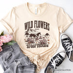 Wild Flowers and Wild Horses T-Shirt, Retro Western White and Natural Tee for Free-Spirited Women