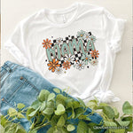 Floral Mama Checkered T-Shirt, White, Natural and Black Retro Tee for Stylish Mothers