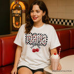 Checkered Cherry Disco Mama T-Shirt, White and Natural Coquette Bow Tee for Trendy Mothers