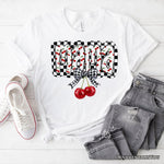 Checkered Cherry Disco Mama T-Shirt, White and Natural Coquette Bow Tee for Trendy Mothers