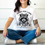 Not Just a Mom Raccoon T-Shirt, Retro White Tee for Sarcastic and Unapologetic Mothers