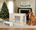 Load image into Gallery viewer, Dog standing next to a white pet crate in a living room with a Christmas tree and fireplace.