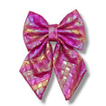 Load image into Gallery viewer, Fuchsia Meadows Leather Flower Tie by Southlake Paws, featuring a large, shiny fuchsia bow with a textured pattern.