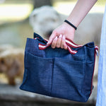 Denim cotton organizer bag with compartments and internal pockets