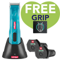 Load image into Gallery viewer, Heiniger Pre-Order Opal Cordless Clipper with two batteries and a free grip, featuring a teal clipper and charging dock.