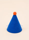 Load image into Gallery viewer, Blue felt party hat with an orange pom-pom on top and elastic bands for secure wear. Ideal for pets' celebrations.