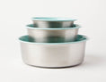 Load image into Gallery viewer, Slow Feeder Dog Bowl Teal by Southlake Paws, featuring three stainless steel bowls with anti-slip teal edges.