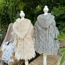 Handmade Hooded Cable Knit Sweater Dog Poncho