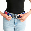 Load image into Gallery viewer, BD Wings Logo CLOSE-UP Full Color Black Silver Seatbelt Belt - 'MERICA/USA Silhouette Blue/White/Red Webbing