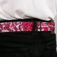 Load image into Gallery viewer, BD Wings Logo CLOSE-UP Full Color Black Silver Seatbelt Belt - Born to Blossom CLOSE-UP White Webbing