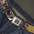 Load image into Gallery viewer, BD Wings Logo CLOSE-UP Full Color Black Silver Seatbelt Belt - Born to Raise Hell CLOSE-UP Pink Webbing