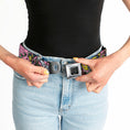 Load image into Gallery viewer, BD Wings Logo CLOSE-UP Full Color Black Silver Seatbelt Belt - Born to Raise Hell CLOSE-UP Pink Webbing