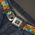 Load image into Gallery viewer, BD Wings Logo CLOSE-UP Full Color Black Silver Seatbelt Belt - Hibiscus Collage Blue/Orange/Yellow Webbing