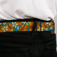 Load image into Gallery viewer, BD Wings Logo CLOSE-UP Full Color Black Silver Seatbelt Belt - Hibiscus Collage Blue/Orange/Yellow Webbing