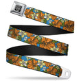 Load image into Gallery viewer, BD Wings Logo CLOSE-UP Full Color Black Silver Seatbelt Belt - Hibiscus Collage Blue/Orange/Yellow Webbing