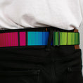 Load image into Gallery viewer, BD Wings Logo CLOSE-UP Full Color Black Silver Seatbelt Belt - Zarape7 Vertical Pinks/Blues/Greens/Black Webbing
