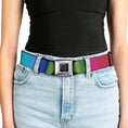 Load image into Gallery viewer, BD Wings Logo CLOSE-UP Full Color Black Silver Seatbelt Belt - Zarape7 Vertical Pinks/Blues/Greens/Black Webbing