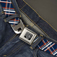 Load image into Gallery viewer, BD Wings Logo CLOSE-UP Full Color Black Silver Seatbelt Belt - Plaid X2 Navy/White/Orange Webbing