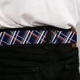 Load image into Gallery viewer, BD Wings Logo CLOSE-UP Full Color Black Silver Seatbelt Belt - Plaid X2 Navy/White/Orange Webbing