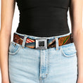 Load image into Gallery viewer, BD Wings Logo CLOSE-UP Full Color Black Silver Seatbelt Belt - Surfboard Cali Scenes/US Flag Stacked Brown Webbing