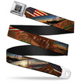 Load image into Gallery viewer, BD Wings Logo CLOSE-UP Full Color Black Silver Seatbelt Belt - Surfboard Cali Scenes/US Flag Stacked Brown Webbing