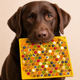 Load image into Gallery viewer, Honeycomb eMat by Southlake Paws, a yellow enrichment lick mat for dogs and cats, held by a brown dog.