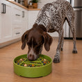 Load image into Gallery viewer, Southlake Paws Pine Tree Christmas eBowl is a deep slow feeder dog bowl in green, designed for enrichment, with a dog eating