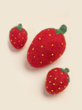 Load image into Gallery viewer, Southlake Paws DOGGY STRAWBERRY: Three red felted strawberry toys with green leaves and yellow seeds, varying in size.