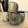 Load image into Gallery viewer, Southlake Paws Astris Polo Wraps in shimmering gold and green with black trim and rhinestone detailing, stacked together.