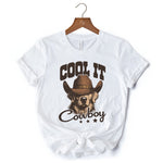 Cool It Cowboy T-Shirt With Western Dog, Retro Golden Retriever White and Natural Tee for Country Lover